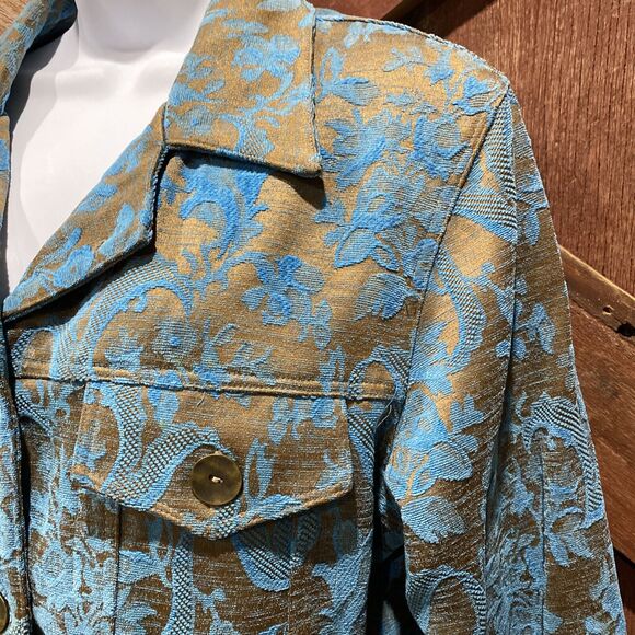 KINDRED SPIRIT Floral Brocade Jacket Large Turquoise Waist Length Tooled Design - Picture 3 of 16